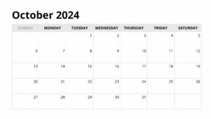 October 2024 printable calendar template with a clean, simple design and large date boxes for notes.