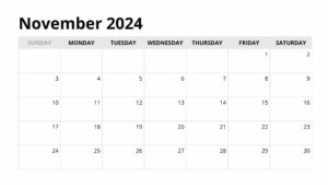 November 2024 printable calendar with a clean, simple design and large date boxes for easy scheduling.