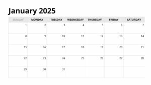 January 2025 printable calendar for scheduling and planning.