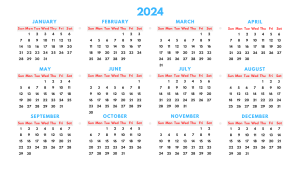 2024 Yearly Calendar with Red and Blue Highlights