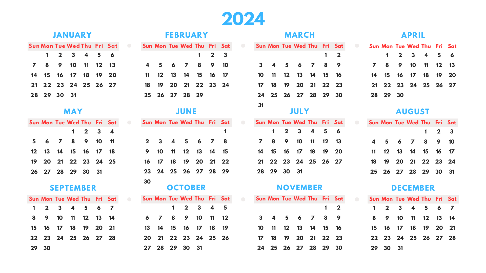 2024 Yearly Calendar with Red and Blue Highlights