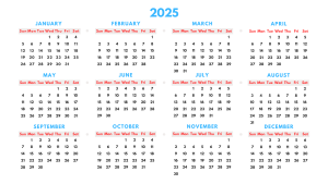 2025 Yearly Calendar with Red and Blue Highlights