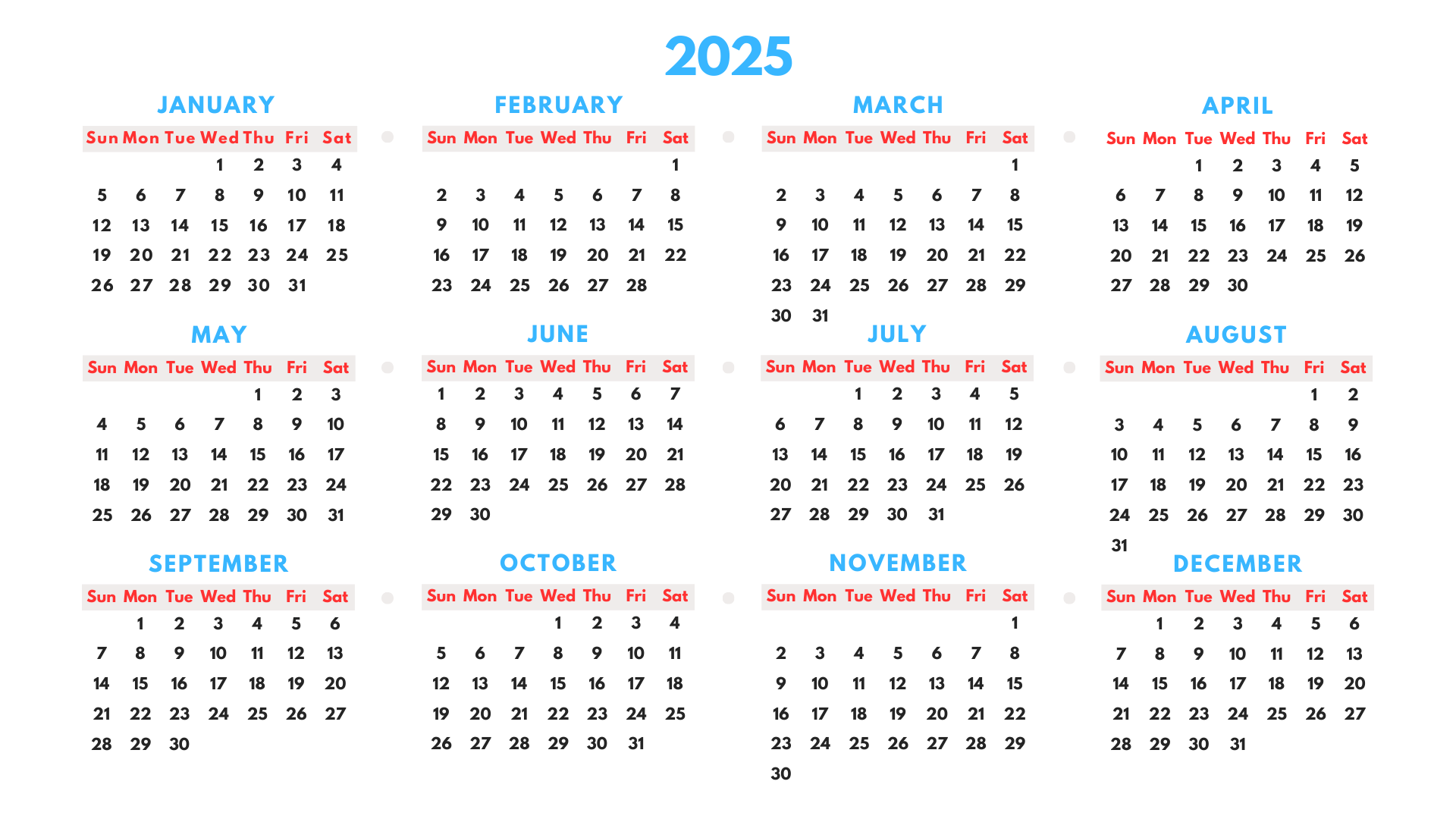 2025 Yearly Calendar with Red and Blue Highlights