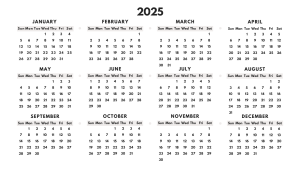 2025 Yearly Blank Calendar with Monthly Layout