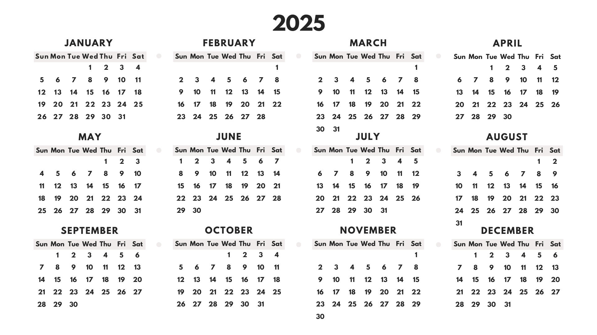 2025 Yearly Blank Calendar with Monthly Layout