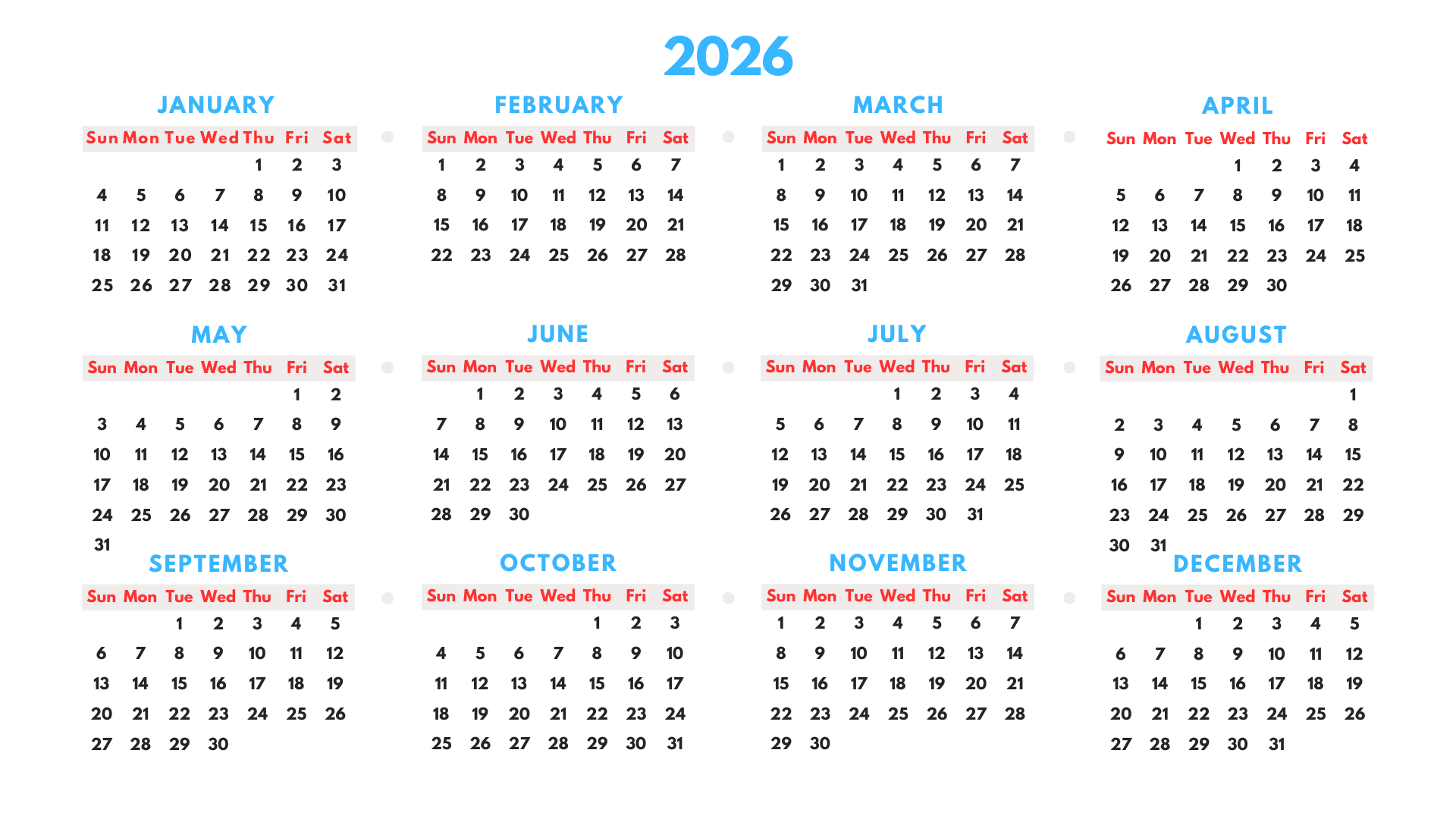 2026 Yearly Calendar with Red and Blue Highlights