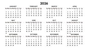 2026 Yearly Blank Calendar with Monthly Layout