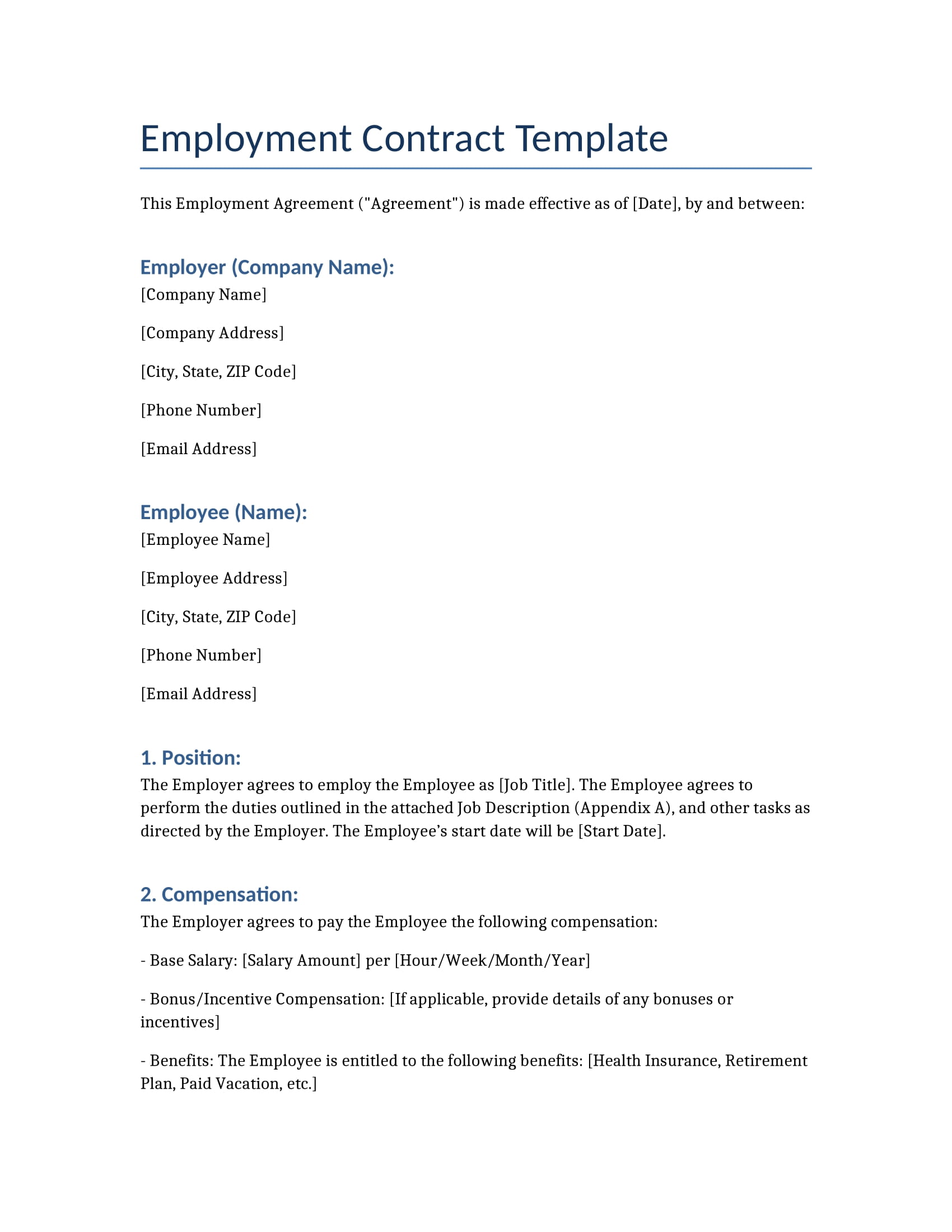 Employment contract template with sections for employee responsibilities, compensation, and terms.