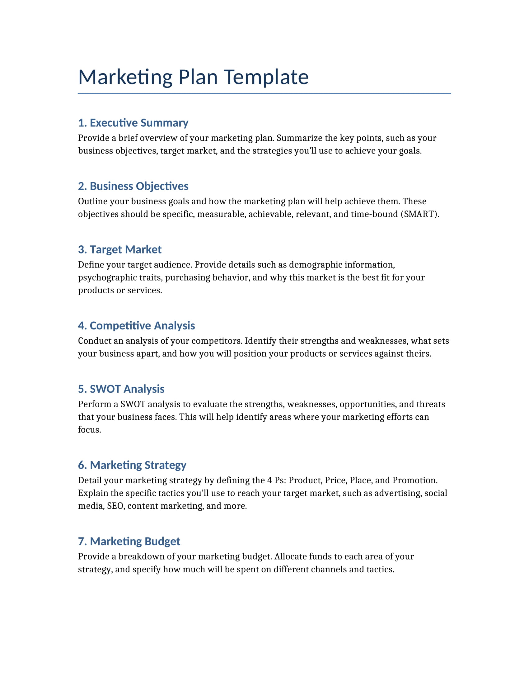 Business Templates: Marketing plan template with sections for goals, target audience, and strategies.