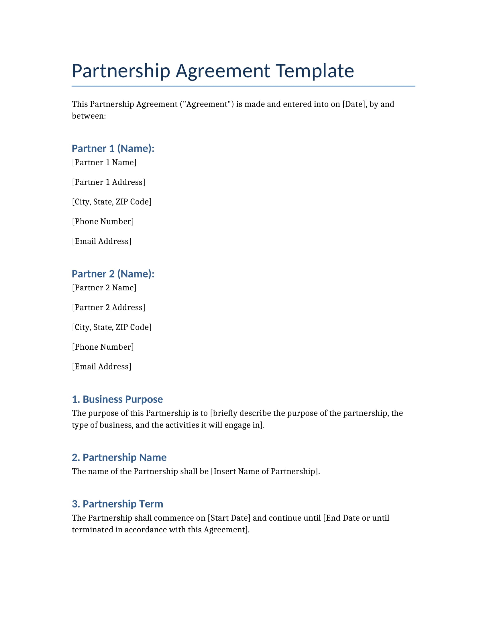 Partnership agreement template with sections for partner roles, contributions, and profit sharing.