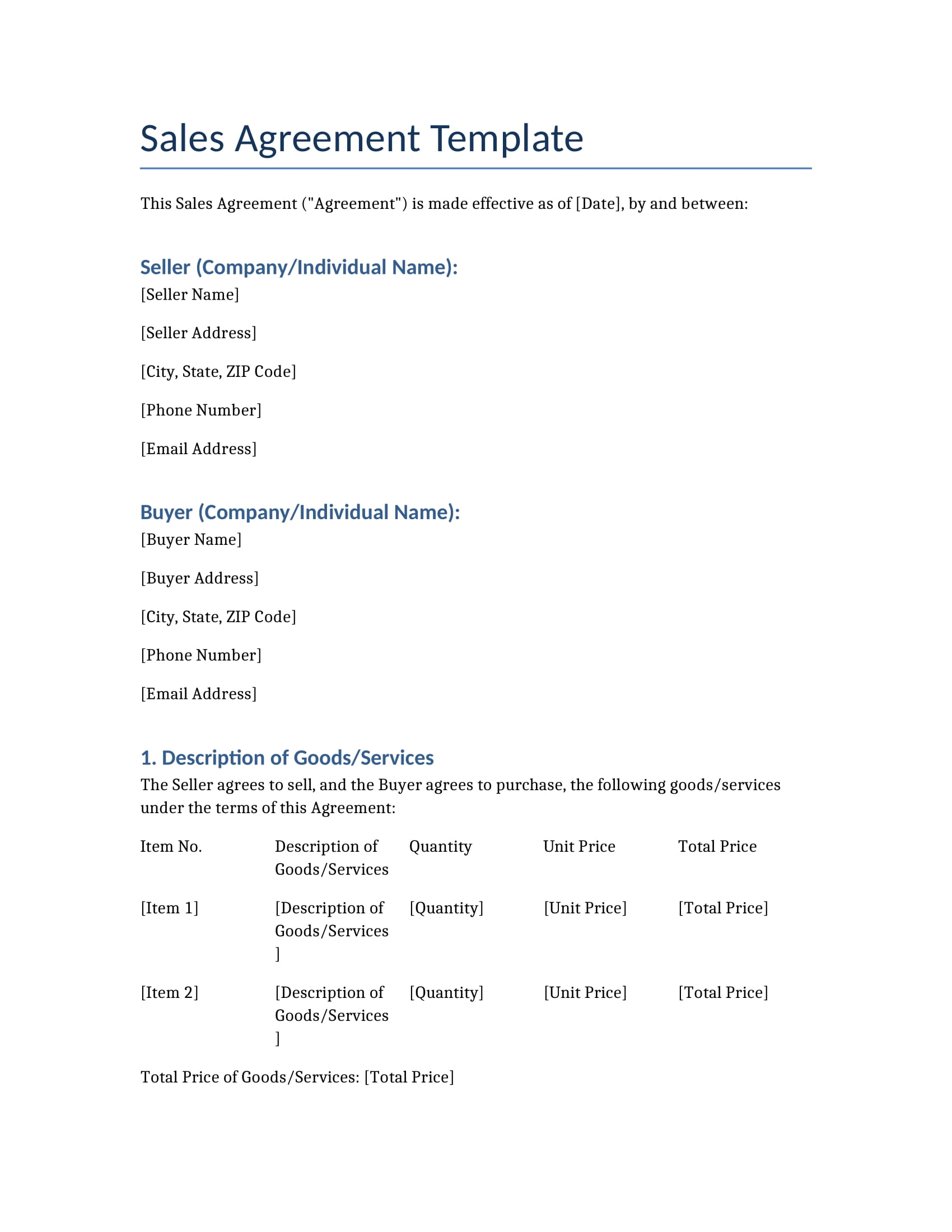 Sales agreement template with sections for items sold, price, and payment terms.