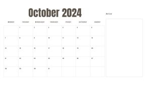 October 2024 printable calendar with a Monday start and space for notes.