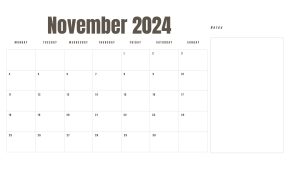 November 2024 printable calendar with a Monday start and space for notes.