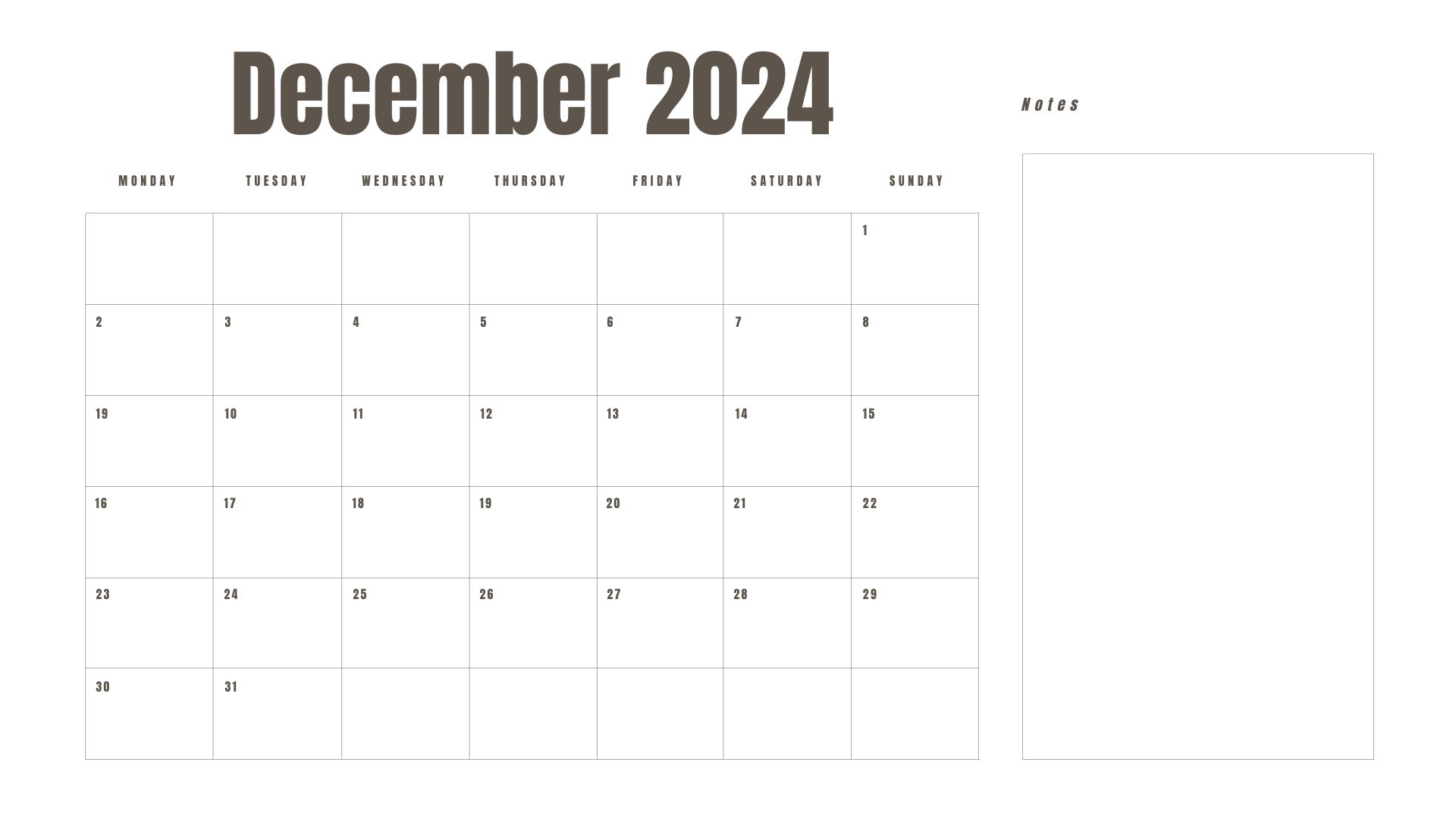 December 2024 printable calendar with a Monday start and space for notes.