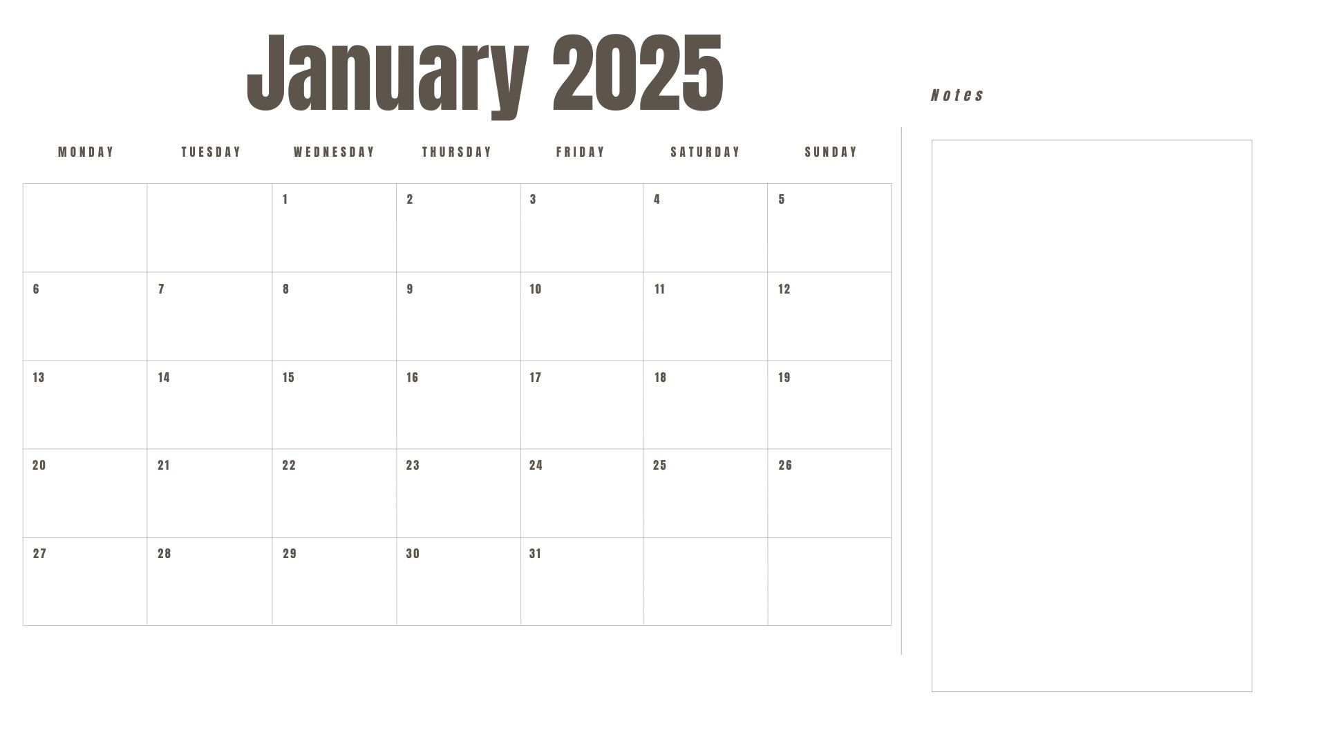 January 2025 printable calendar with a Monday start and space for notes.