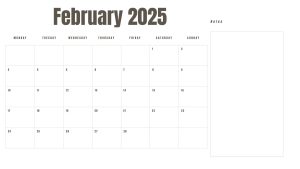 February 2025 printable calendar with a Monday start and space for notes.