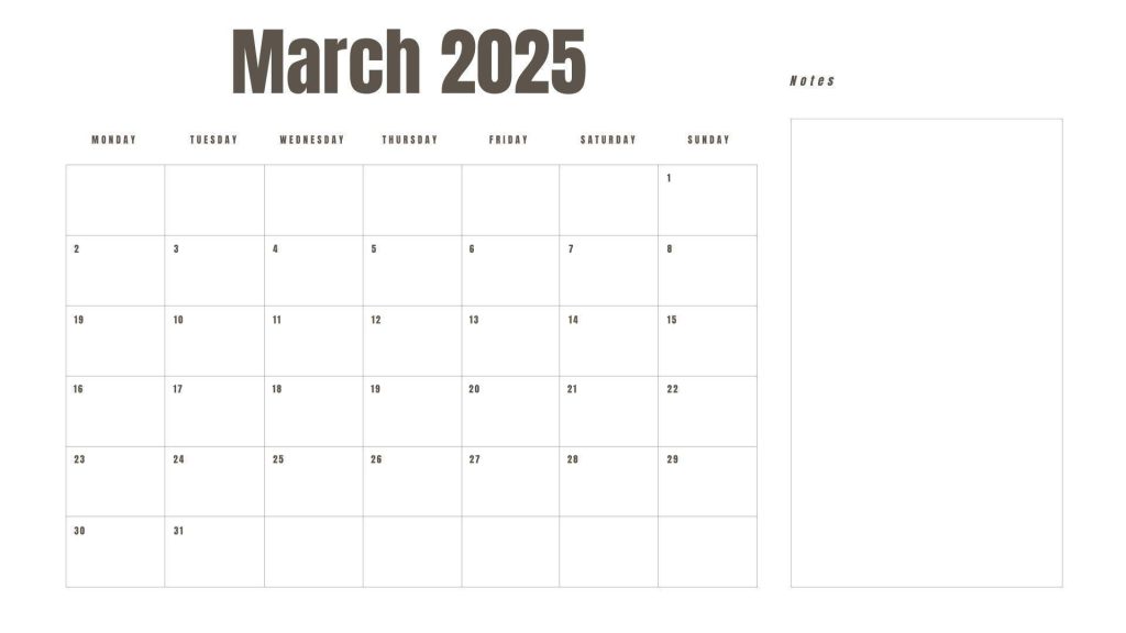 March 2025 printable calendar with a Monday start and space for notes.