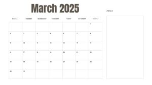 March 2025 printable calendar with a Monday start and space for notes.