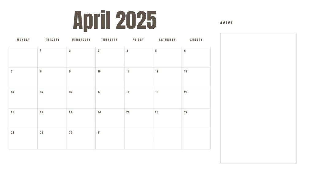 April 2025 printable calendar with a Monday start and space for notes.