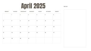 April 2025 printable calendar with a Monday start and space for notes.