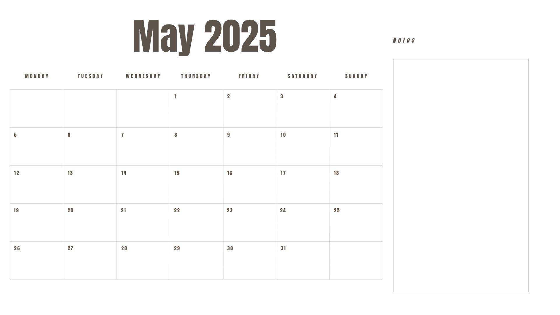 May 2025 printable calendar with a Monday start and space for notes.