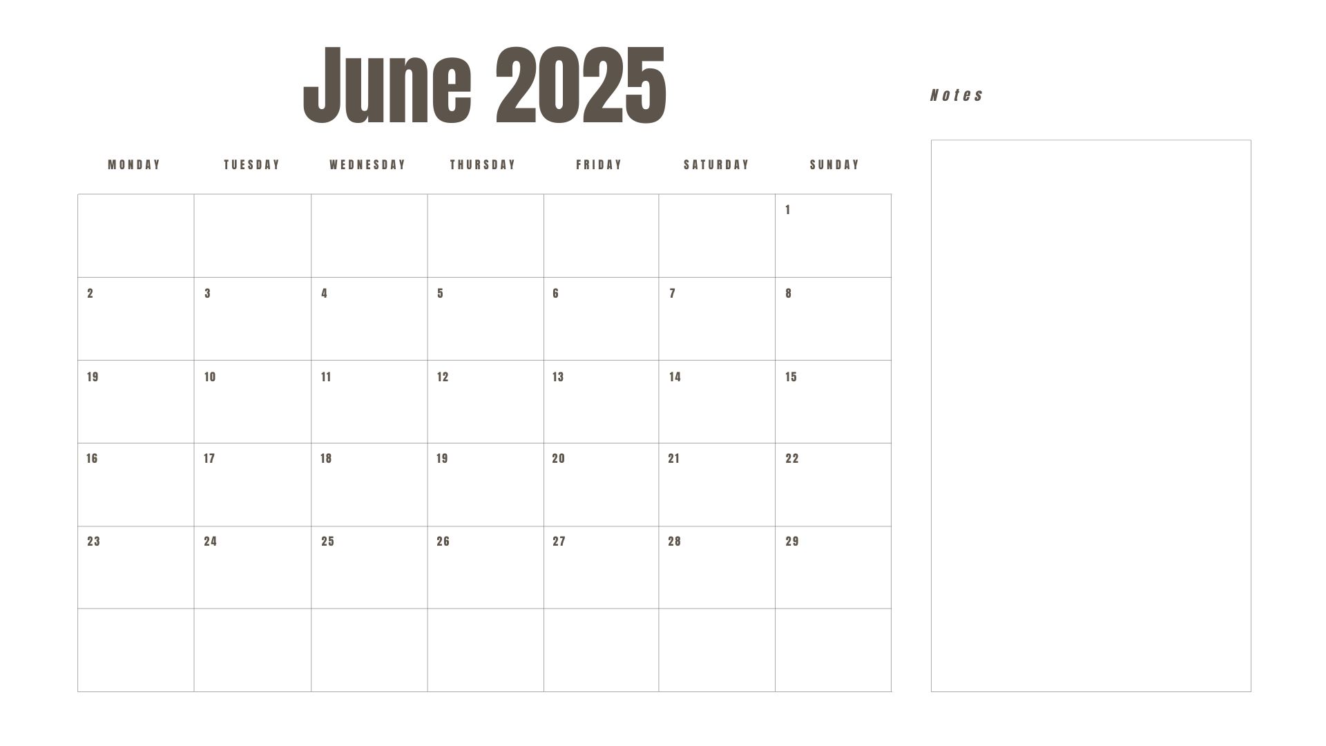 June 2025 printable calendar with a Monday start and space for notes.