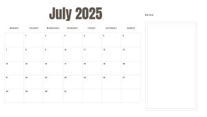 July 2025 printable calendar with a Monday start and space for notes.