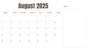 August 2025 printable calendar with a Monday start and space for notes.