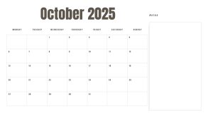 October 2025 printable calendar with a Monday start and space for notes.