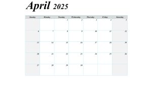 April 2025 blank calendar template with large boxes for notes.