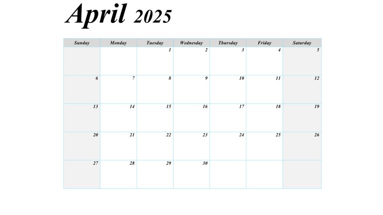 April 2025 blank calendar template with large boxes for notes.