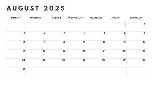 August 2025 black and white calendar with a simple and clean layout for easy scheduling.