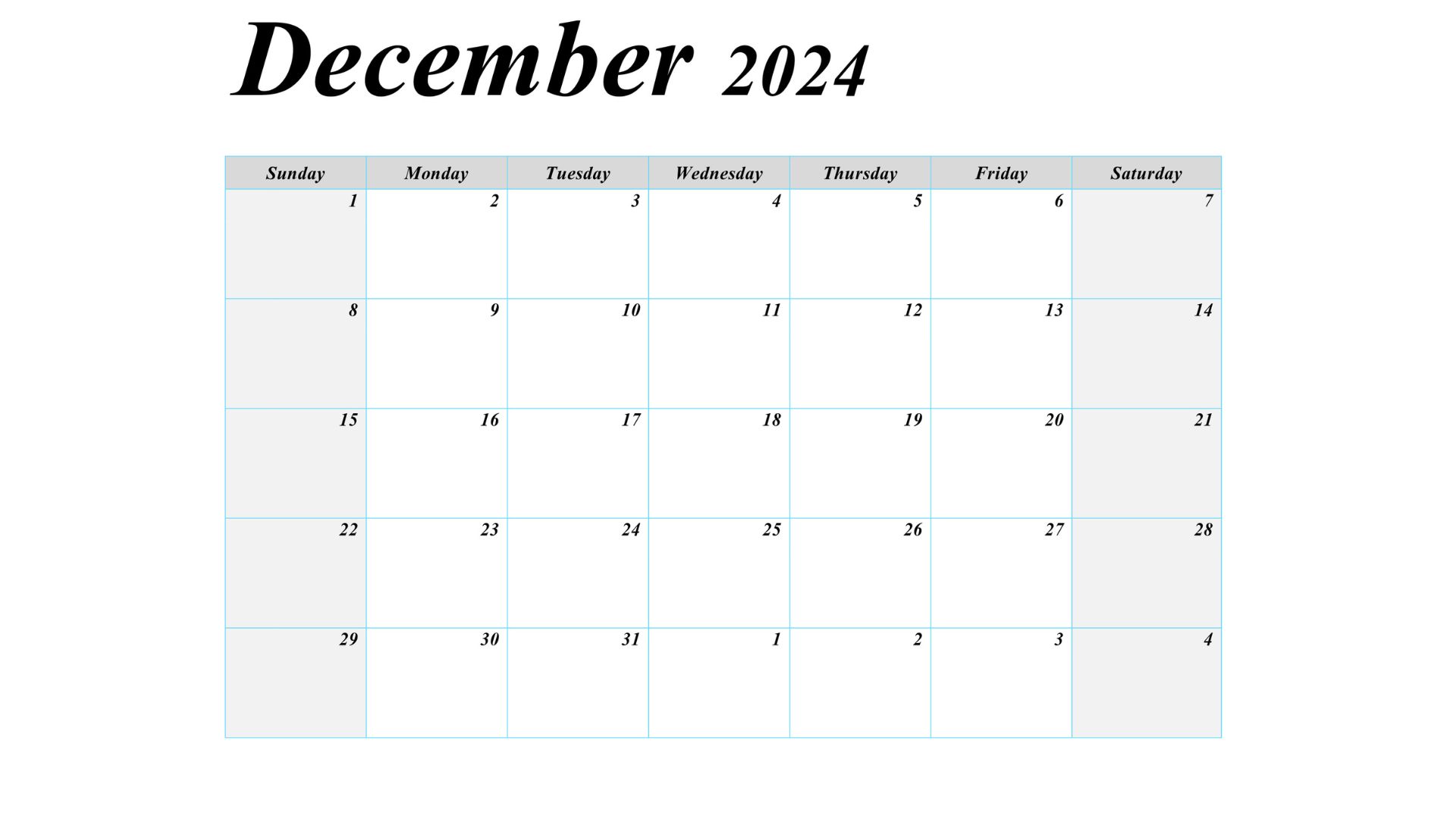 December 2024 blank printable calendar for personal or professional use.