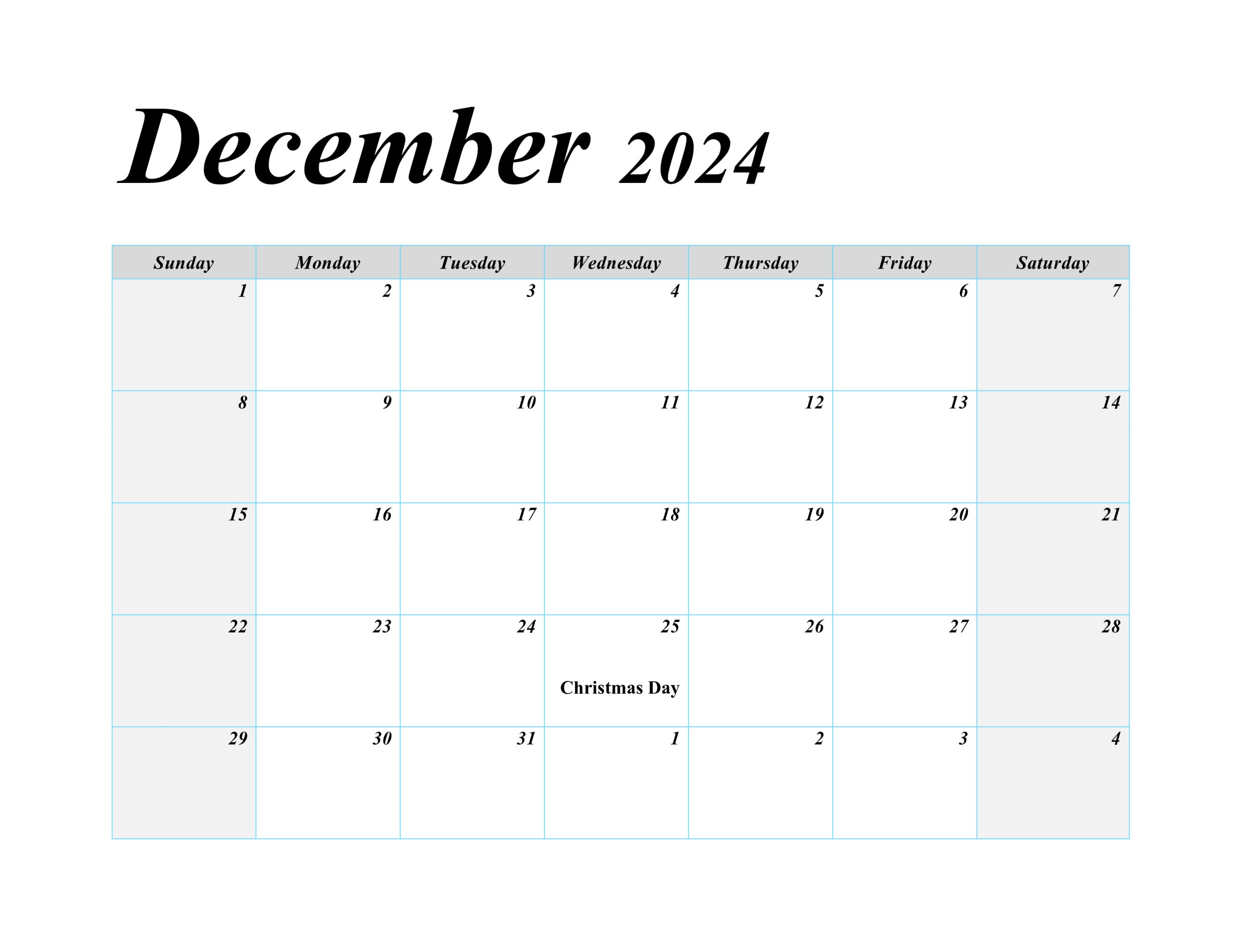 December 2024 printable calendar with U.S. holidays, including Christmas.