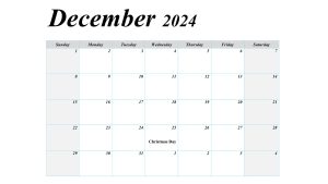 December 2024 printable calendar with U.S. holidays, including Christmas.