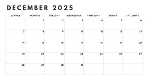 December 2025 black and white calendar with a clean and simple layout for easy planning.