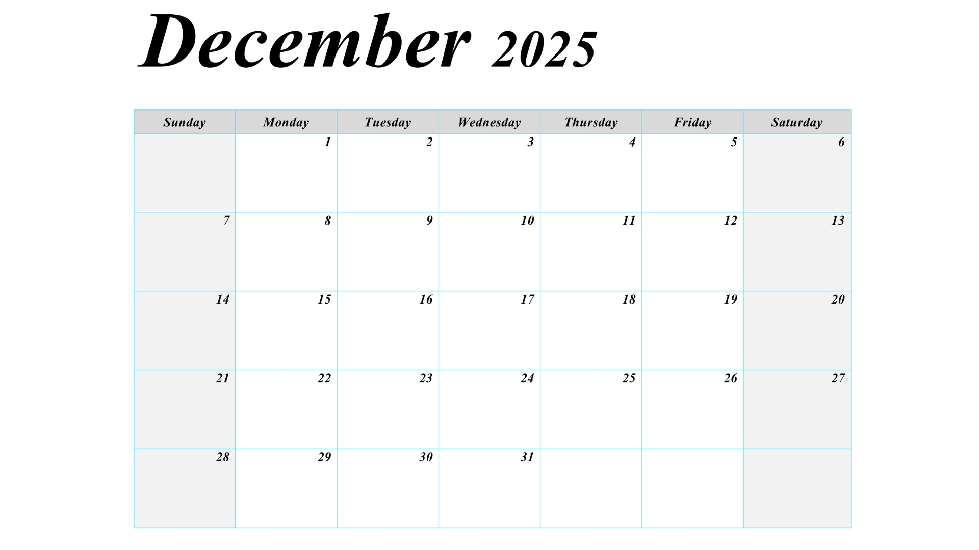 December 2025 blank calendar with US holidays, featuring a simple layout for easy scheduling.