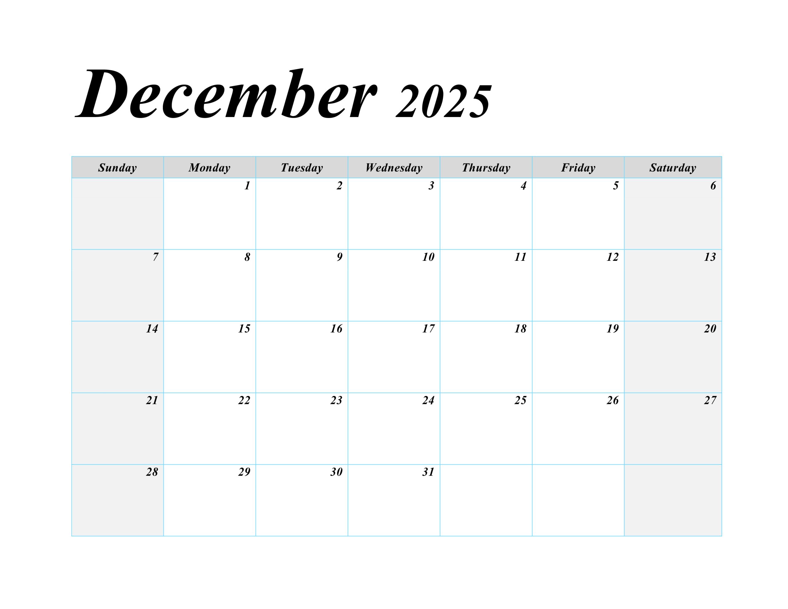 December 2025 blank calendar with US holidays, featuring a simple layout for easy scheduling.