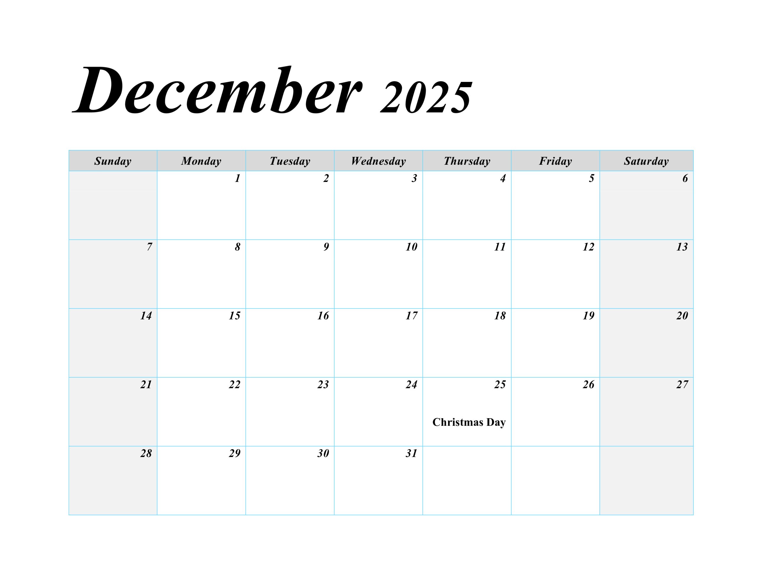 December 2025 blank calendar with US holidays, featuring a simple layout for easy scheduling.