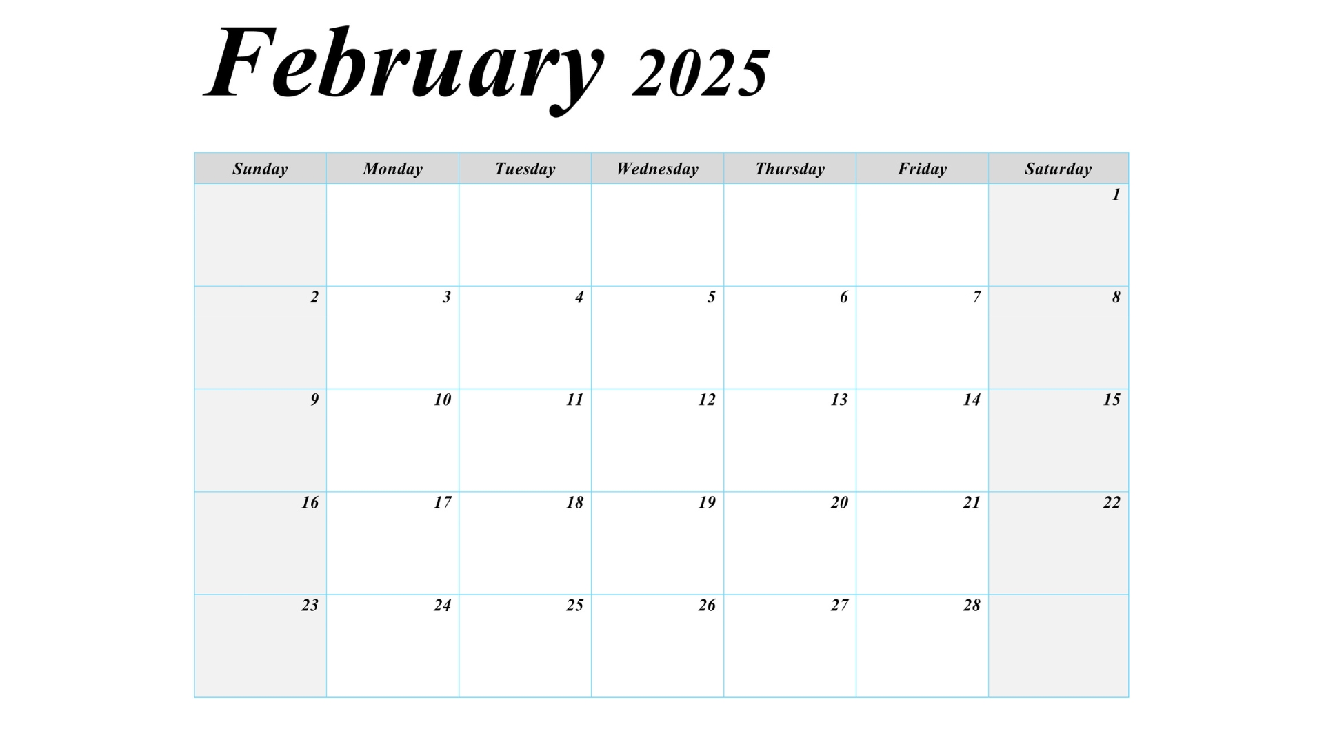 February 2025 blank printable calendar with a simple layout.