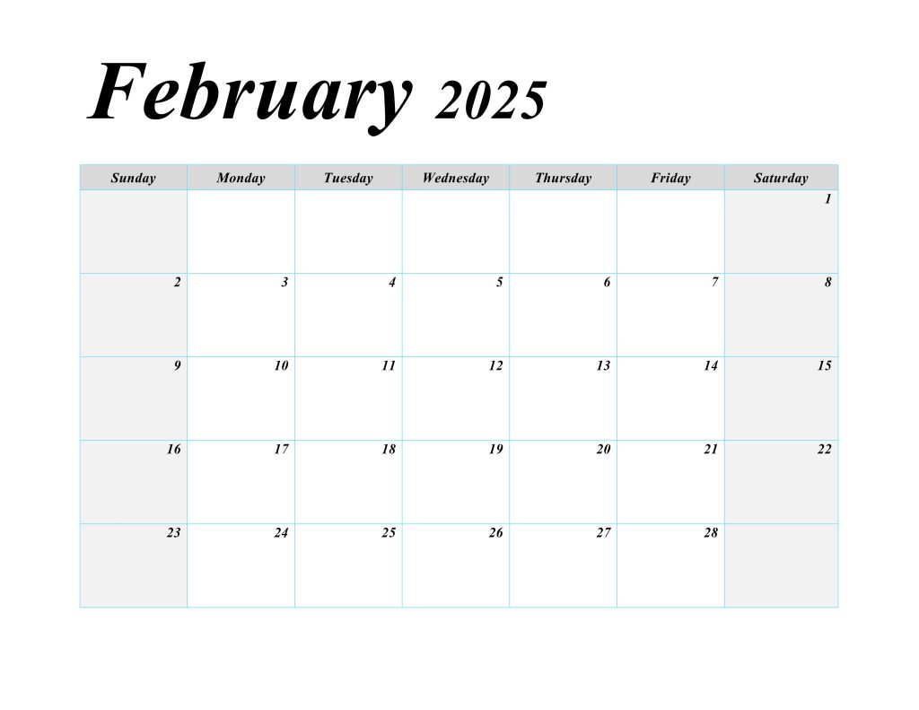 February 2025 blank printable calendar with a simple layout.