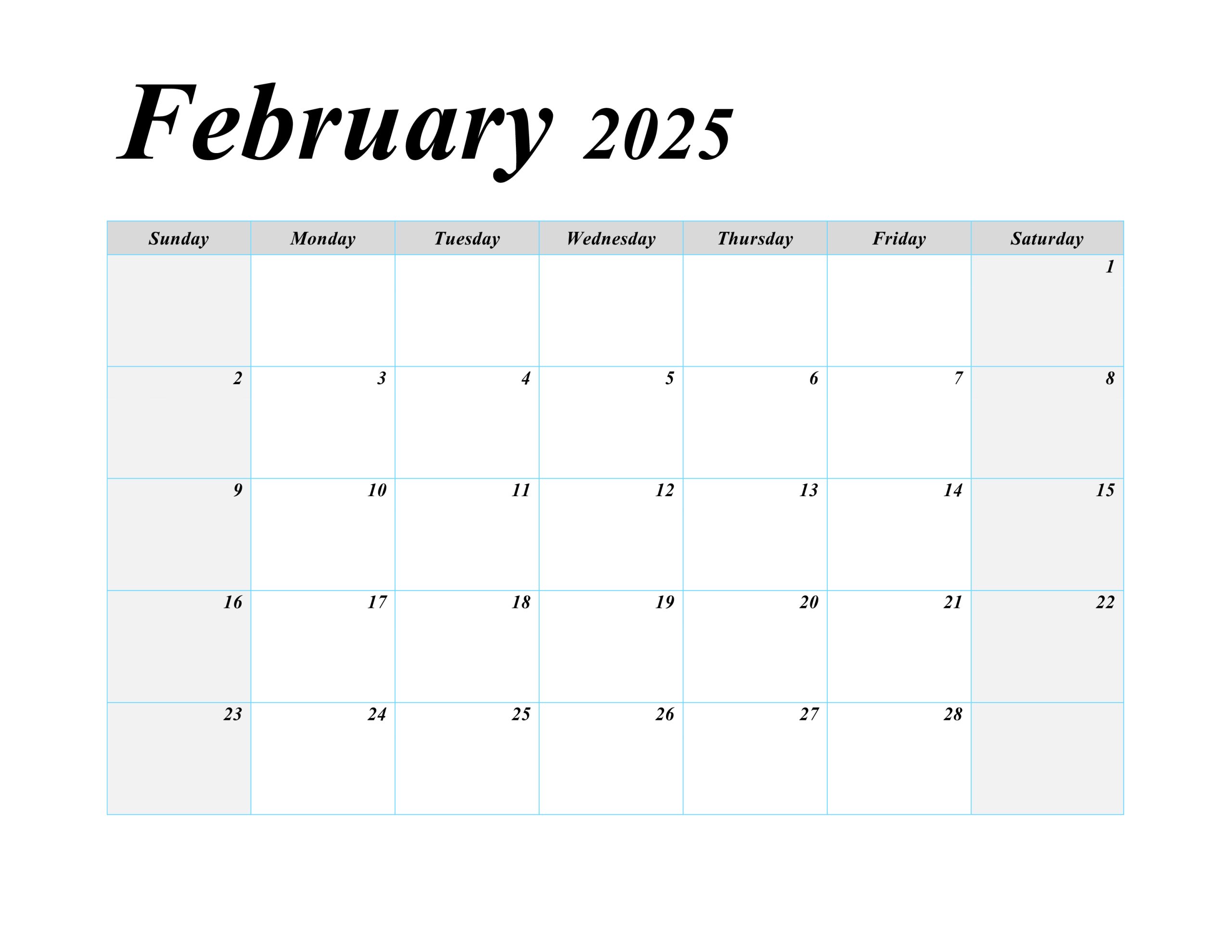 February 2025 blank printable calendar with a simple layout.