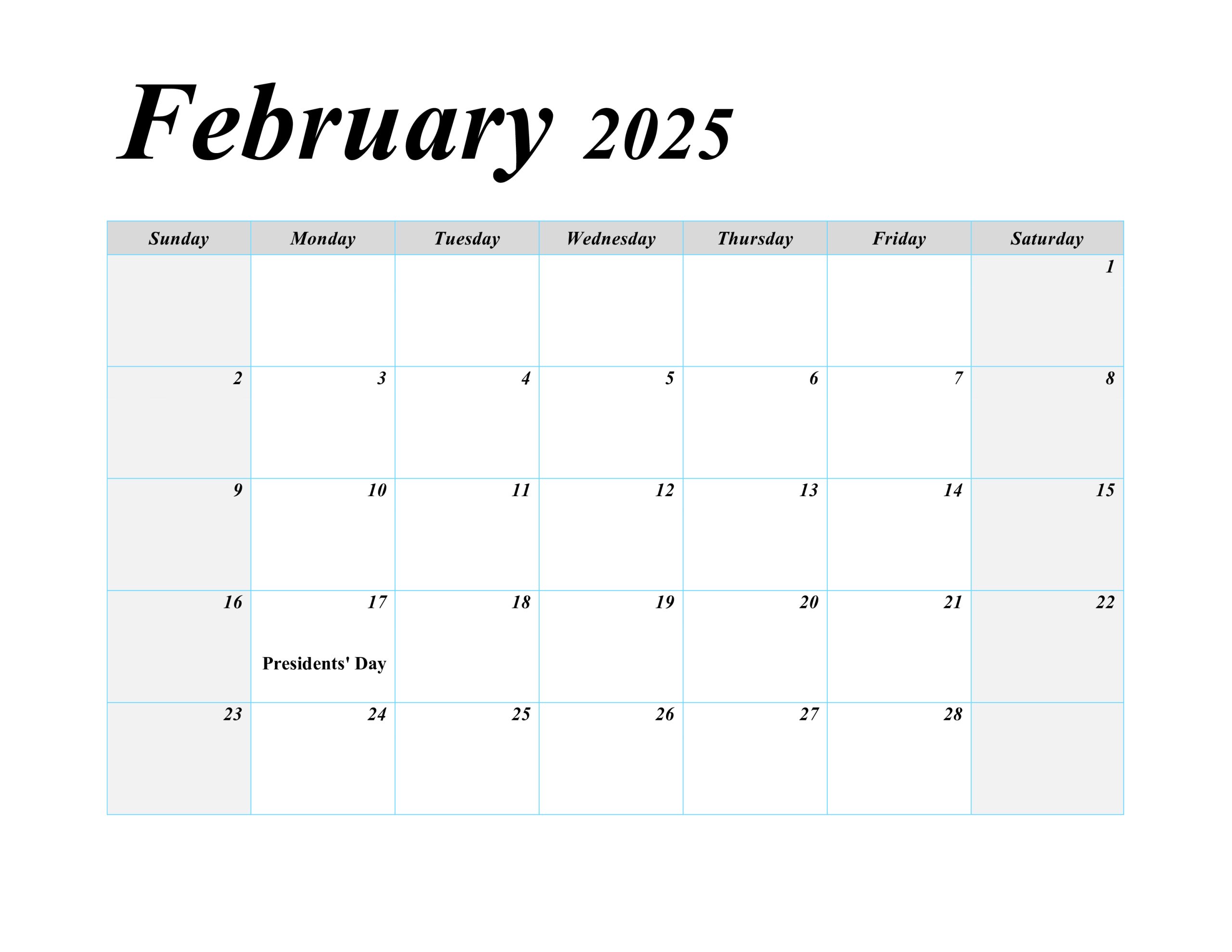 February 2025 blank calendar with U.S. holidays, printable format.