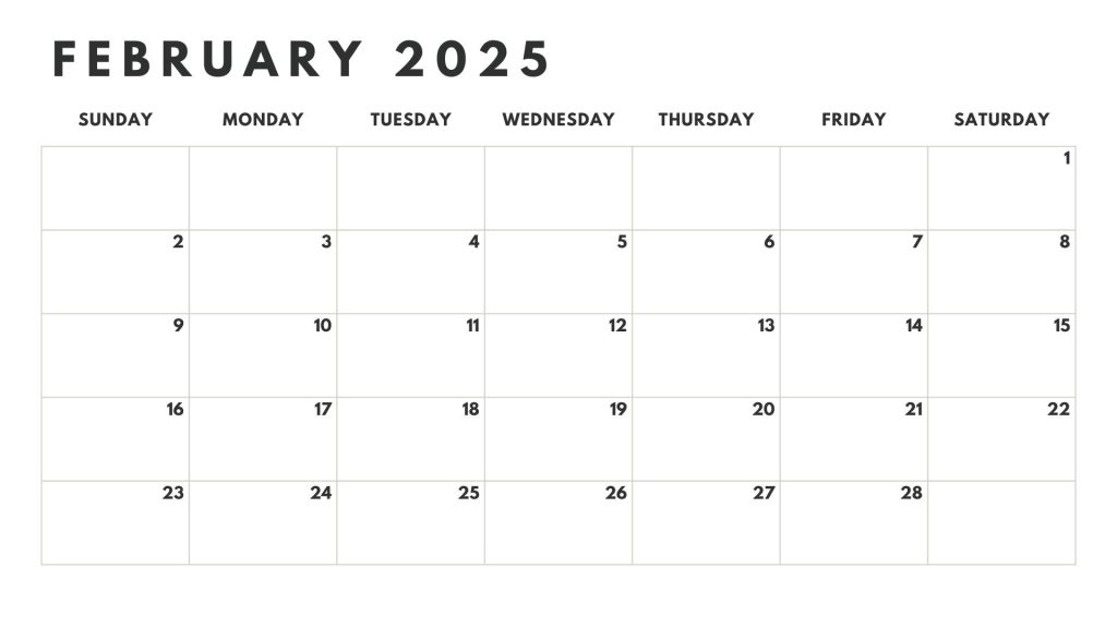 February 2025 black and white printable calendar, simple design. Free Printable Calendars at CalendarsPDF.