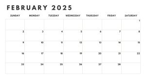 February 2025 black and white printable calendar, simple design.