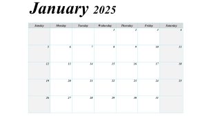 January 2025 blank printable calendar for personal or professional use.