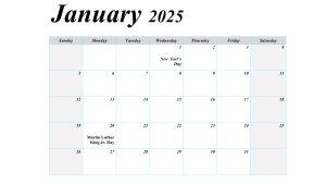 January 2025 printable calendar with U.S. holidays, including New Year's Day and Martin Luther King Jr. Day.