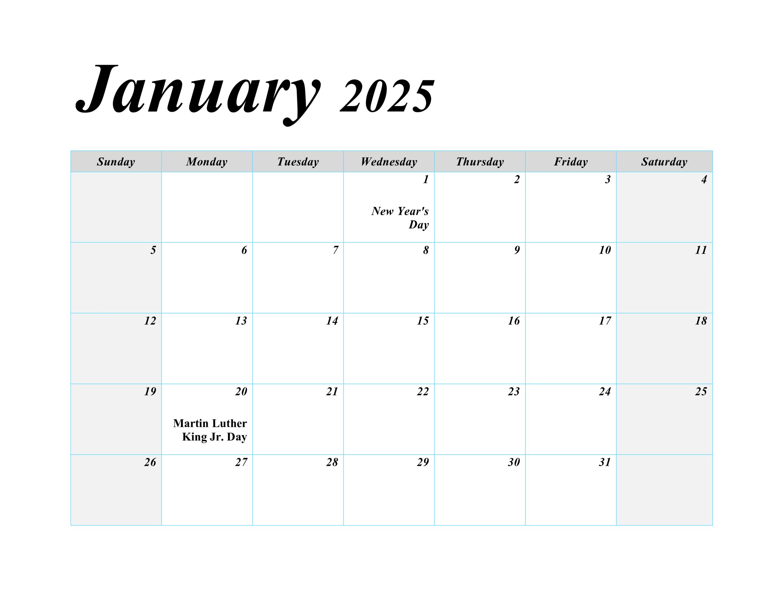 January 2025 printable calendar with U.S. holidays, including New Year's Day and Martin Luther King Jr. Day.