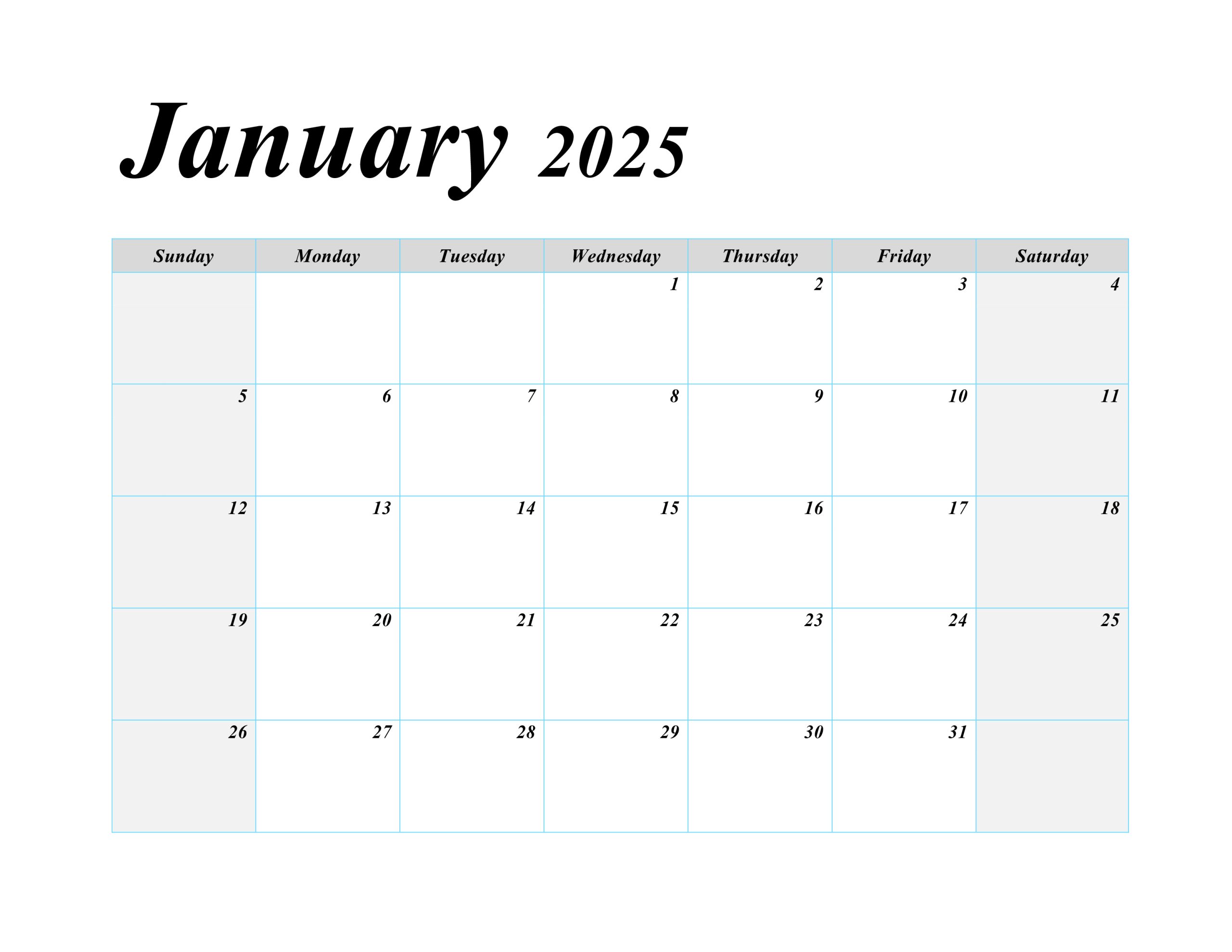 January 2025 blank printable calendar templates for personal or professional use.