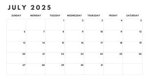 July 2025 black and white calendar with a clean, simple layout for easy organization.